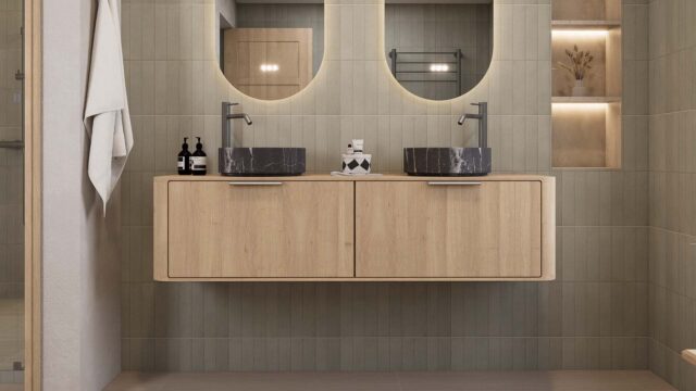 Rundes hängendes Badezimmermöbel 160 cm aus Natureiche mit glatter Front, Eichenholzplatte und schwarzes Marmoroptik-Becken