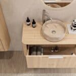 Rundes hängendes Badezimmermöbel 100 cm aus Natureiche mit glatter Front, Eichenholzplatte und beige Marmoroptik-Becken