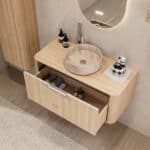Rundes hängendes Badezimmermöbel 100 cm aus Natureiche mit glatter Front, Eichenholzplatte und beige Marmoroptik-Becken