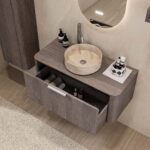 Rundes hängendes Badezimmermöbel 100 cm aus dunkler Eiche mit glatter Front, Eichenholzplatte und beige Marmoroptik-Becken
