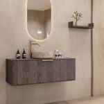 Rundes wandhängendes Badezimmermöbel 120 cm aus dunkler Eiche mit glatter Front und beige Marmoroptik-Becken