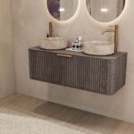 Rundes wandhängendes Badezimmermöbel 120 cm aus dunkler Eiche mit Riffelfront und zwei beige Marmoroptik-Becken