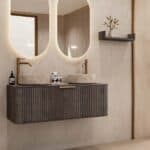 Rundes wandhängendes Badezimmermöbel 120 cm aus dunkler Eiche mit Riffelfront und zwei beige Marmoroptik-Becken