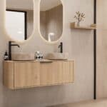 Rundes hängendes Badmöbel 120 cm aus Natureiche mit glatter Front, Eichenholzplatte und zwei beige Marmoroptik-Becken