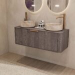 Rundes wandhängendes Badezimmermöbel 120 cm aus dunkler Eiche mit glatter Front und zwei beige Marmoroptik-Becken