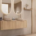 Rundes hängendes Badezimmermöbel 140 cm aus Natureiche mit glatter Front, Eichenholzplatte und beige Marmoroptik-Becken