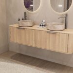 Rundes hängendes Badezimmermöbel 160 cm aus Natureiche mit glatter Front, Eichenholzplatte und beige Marmoroptik-Becken