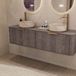 Rundes hängendes Badezimmermöbel 160 cm aus dunkler Eiche mit glatter Front, Eichenholzplatte und beige Marmoroptik-Becken
