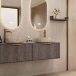 Rundes hängendes Badezimmermöbel 160 cm aus dunkler Eiche mit glatter Front, Eichenholzplatte und beige Marmoroptik-Becken