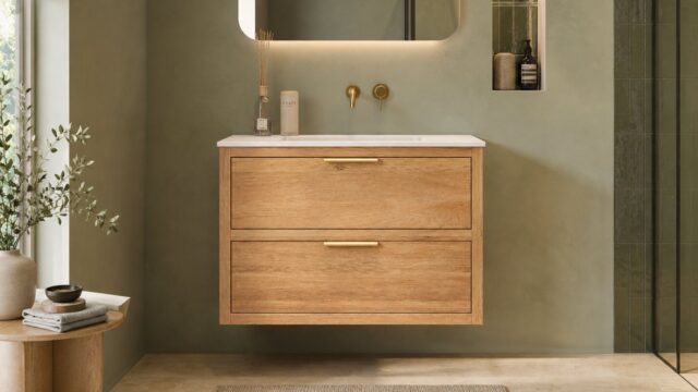 Modernes wandhängendes Badmöbel 100 cm aus Natureiche mit glatter Front und Keramikwaschtisch