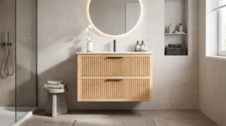 Wandhängendes Badezimmermöbel 100 cm aus Natureiche mit Riffelfront und zwei Softclose-Schubladen