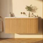 Natureiche Badmöbel 120 cm mit glatter Front, Innenschublade und Einzel-Solid-Surface-Waschtisch