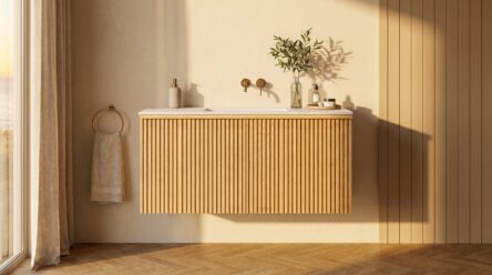 Natureiche Badmöbel 120 cm mit glatter Front, Innenschublade und Einzel-Solid-Surface-Waschtisch