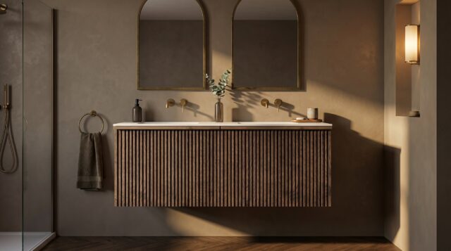 Dunkeleiche Badezimmermöbel 140 cm mit glatter Front, Innenschublade und doppeltem Solid-Surface-Waschtisch