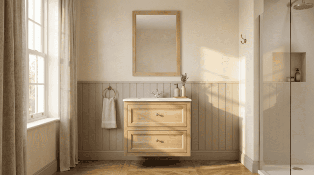 Wandhängendes Badezimmermöbel 80 cm aus Natureiche mit Landhausfront und zwei Softclose-Schubladen