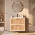Wandhängendes Badezimmermöbel 80 cm aus Natureiche mit Riffelfront und zwei Softclose-Schubladen