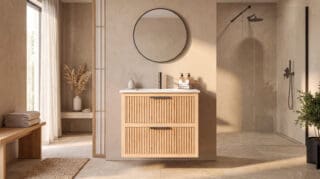 Wandhängendes Badezimmermöbel 80 cm aus Natureiche mit Riffelfront und zwei Softclose-Schubladen