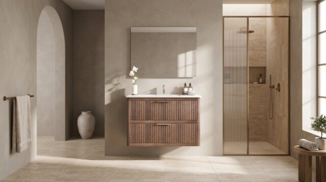 Wandhängendes Badezimmermöbel 100 cm aus dunkler Eiche mit Landhausfront und zwei Softclose-Schubladen