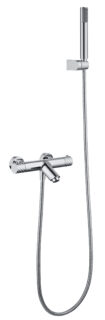 Thermostatische Bad-/Duscharmatur in Chrom, geliefert als Komplettset mit Handbrause, Brauseschlauch und Wandhalter. Mit 5 Jahren Garantie und in 6 Farben erhältlich. Charakteristisch für die Toscana Serie ist das gedrehte Relief an der Bedienung: ein dez