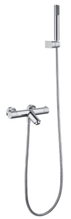 Thermostatische Bad-/Duscharmatur in Chrom, geliefert als Komplettset mit Handbrause, Brauseschlauch und Wandhalter. Mit 5 Jahren Garantie und in 6 Farben erhältlich. Charakteristisch für die Toscana Serie ist das gedrehte Relief an der Bedienung: ein dez
