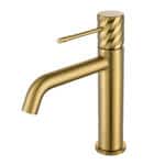 Moderne niedrige Waschtischarmatur in Gebürstetes Gold, passend für Badmöbel mit Waschtisch, als Komplettset inklusive passendem Click-Clack-Verschluss mit langlebiger PVD-Beschichtung. Der Click-Clack-Verschluss lässt sich durch Drücken einfach öffnen un