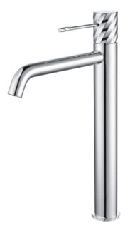 Moderne erhöhte Waschtischarmatur in Chrom, ideal für Badmöbel mit Aufsatzwaschbecken. Mit 5 Jahren Garantie und in 6 Farben erhältlich. Charakteristisch für die Toscana Serie ist das gedrehte Relief an der Bedienung: ein dezentes Muster, das zusätzlichen