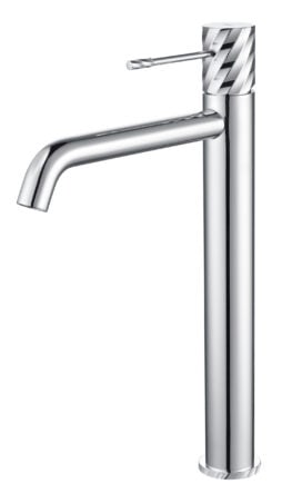 Moderne erhöhte Waschtischarmatur in Chrom, ideal für Badmöbel mit Aufsatzwaschbecken. Mit 5 Jahren Garantie und in 6 Farben erhältlich. Charakteristisch für die Toscana Serie ist das gedrehte Relief an der Bedienung: ein dezentes Muster, das zusätzlichen