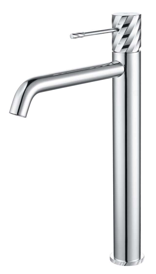 Moderne erhöhte Waschtischarmatur in Chrom, ideal für Badmöbel mit Aufsatzwaschbecken. Mit 5 Jahren Garantie und in 6 Farben erhältlich. Charakteristisch für die Toscana Serie ist das gedrehte Relief an der Bedienung: ein dezentes Muster, das zusätzlichen
