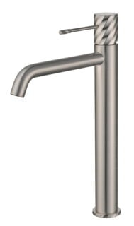 Moderne erhöhte Waschtischarmatur in Gebürstetes Nickel, ideal für Badmöbel mit Aufsatzwaschbecken. Mit 5 Jahren Garantie und in 6 Farben erhältlich. Charakteristisch für die Toscana Serie ist das gedrehte Relief an der Bedienung: ein dezentes Muster, das