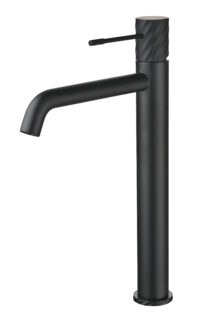 Moderne erhöhte Waschtischarmatur in Schwarz, ideal für Badmöbel mit Aufsatzwaschbecken. Mit 5 Jahren Garantie und in 6 Farben erhältlich. Charakteristisch für die Toscana Serie ist das gedrehte Relief an der Bedienung: ein dezentes Muster, das zusätzlich