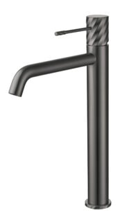 Moderne erhöhte Waschtischarmatur in Black Gun Metal, ideal für Badmöbel mit Aufsatzwaschbecken. Mit langlebiger PVD-Beschichtung. Mit 5 Jahren Garantie und in 6 Farben erhältlich. Charakteristisch für die Toscana Serie ist das gedrehte Relief an der Bedi