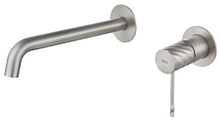 Moderne Waschtischarmatur Wandmontage in Gebürstetes Nickel, für die Montage über Waschtisch oder Aufsatzwaschbecken. Mit 5 Jahren Garantie und in 6 Farben erhältlich. Charakteristisch für die Toscana Serie ist das gedrehte Relief an der Bedienung: ein de