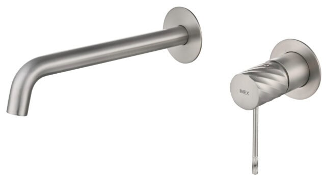 Moderne Waschtischarmatur Wandmontage in Gebürstetes Nickel, für die Montage über Waschtisch oder Aufsatzwaschbecken. Mit 5 Jahren Garantie und in 6 Farben erhältlich. Charakteristisch für die Toscana Serie ist das gedrehte Relief an der Bedienung: ein de