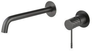 Moderne Waschtischarmatur Wandmontage in Black Gun Metal, für die Montage über Waschtisch oder Aufsatzwaschbecken. Mit langlebiger PVD-Beschichtung. Mit 5 Jahren Garantie und in 6 Farben erhältlich. Charakteristisch für die Toscana Serie ist das gedrehte