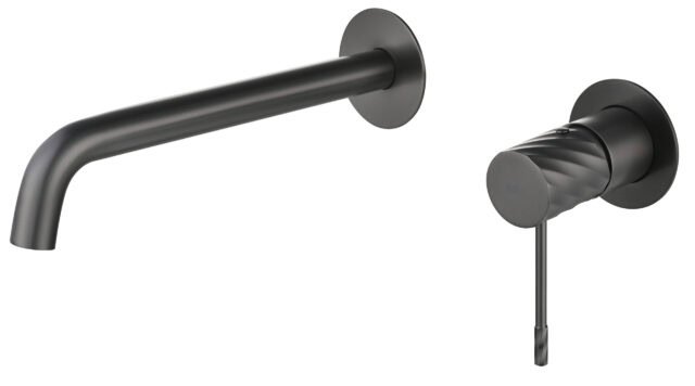 Moderne Waschtischarmatur Wandmontage in Black Gun Metal, für die Montage über Waschtisch oder Aufsatzwaschbecken. Mit langlebiger PVD-Beschichtung. Mit 5 Jahren Garantie und in 6 Farben erhältlich. Charakteristisch für die Toscana Serie ist das gedrehte