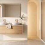 Wandhängendes Badezimmermöbel 120 cm aus Natureiche mit eine Schublade und weißes Solid-Surface-Aufsatzbecken