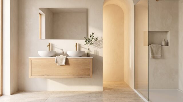 Wandhängendes Badezimmermöbel 120 cm aus Natureiche mit eine Schublade und weißes Solid-Surface-Aufsatzbecken