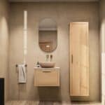 Wandhängendes Badezimmermöbel 60 cm aus Natureiche mit eine Schublade und beige Kalksteinwaschtisch (Premium)