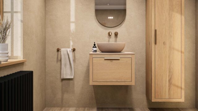 Wandhängendes Badezimmermöbel 60 cm aus Natureiche mit eine Schublade und beige Kalksteinwaschtisch (Premium)