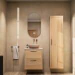 Wandhängendes Badezimmermöbel 60 cm aus Natureiche mit zwei Schubladen und beige Kalksteinwaschtisch