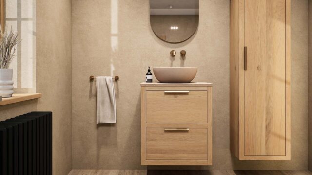 Wandhängendes Badezimmermöbel 60 cm aus Natureiche mit zwei Schubladen und beige Kalksteinwaschtisch