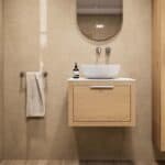 Wandhängendes Badezimmermöbel 60 cm aus Natureiche mit eine Schublade und weißes Solid-Surface-Aufsatzbecken (elegant)