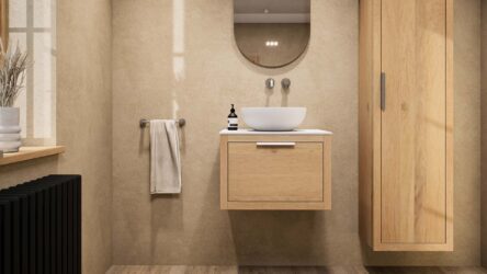 Wandhängendes Badezimmermöbel 60 cm aus Natureiche mit eine Schublade und weißes Solid-Surface-Aufsatzbecken (elegant)