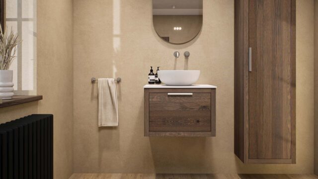 Wandhängendes Badezimmermöbel 60 cm aus dunkler Eiche mit eine Schublade und weißes Solid-Surface-Aufsatzbecken (wandhängend)