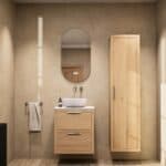 Wandhängendes Badezimmermöbel 60 cm aus Natureiche mit zwei Schubladen und weißes Solid-Surface-Aufsatzbecken