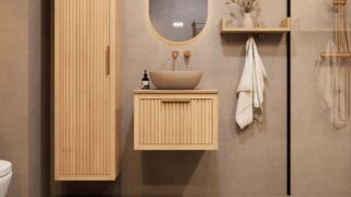 Wandhängendes Badezimmermöbel 60 cm aus Natureiche mit eine Schublade und beige Kalksteinwaschtisch