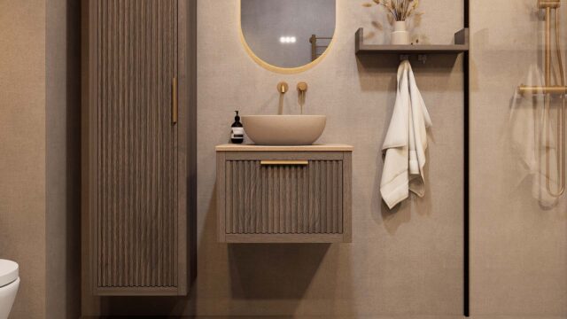 Wandhängendes Badezimmermöbel 60 cm aus dunkler Eiche mit eine Schublade und beige Kalksteinwaschtisch