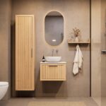 Wandhängendes Badezimmermöbel 60 cm aus Natureiche mit eine Schublade und weißes Solid-Surface-Aufsatzbecken