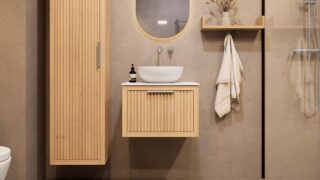 Wandhängendes Badezimmermöbel 60 cm aus Natureiche mit eine Schublade und weißes Solid-Surface-Aufsatzbecken