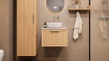 Wandhängendes Badezimmermöbel 60 cm aus Natureiche mit eine Schublade und weißes Solid-Surface-Aufsatzbecken